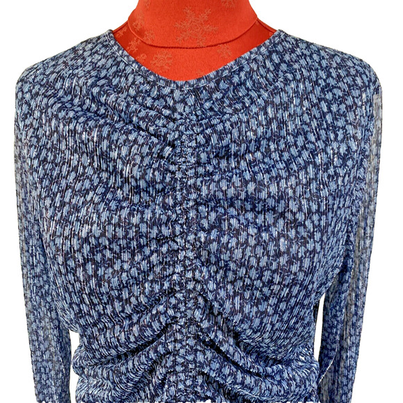 Michael Kors Size XL Dressy Top Blue Metallic Long Sleeve Ruched Front Blouse - Picture 2 of 10